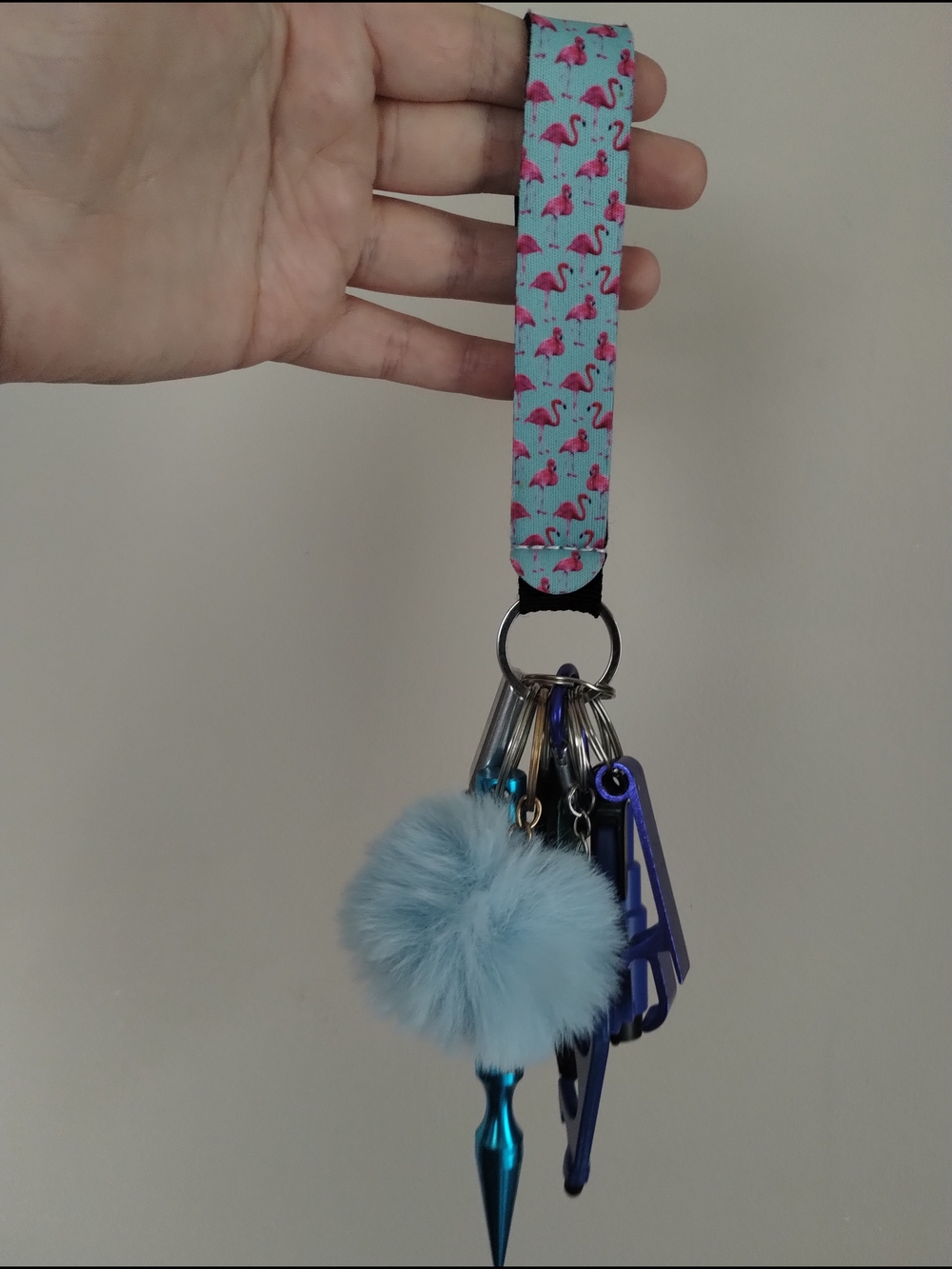 Flamingo Print Wristlet Keychain with Blue Pom Pom